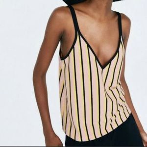 Zara Ribbed Striped V Neck Tank Top Pink Yellow Black Size S